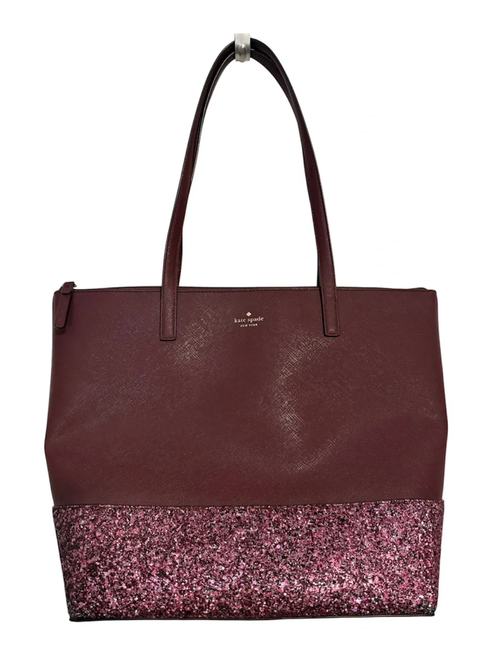kate spade burgundy tote with pink glitter base